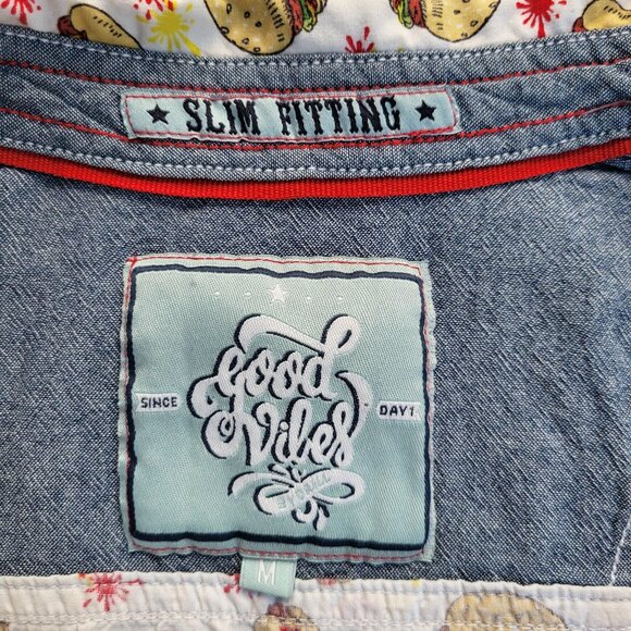 Good Vibes Hamburger & Hotdog Print Button-Up Shirt Retro Food Graphic - Size M - Picture 10 of 15